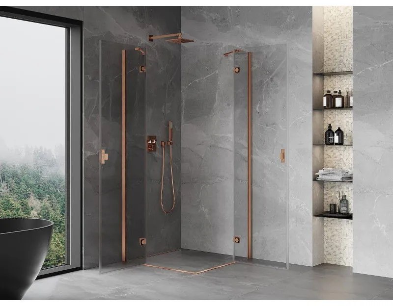 Mexen Mist-H Duo, 2-krídlový výklopný sprchový kút 75 x 75 cm, číre sklo, medený matný profil, 8A5-075L-075P-65-00