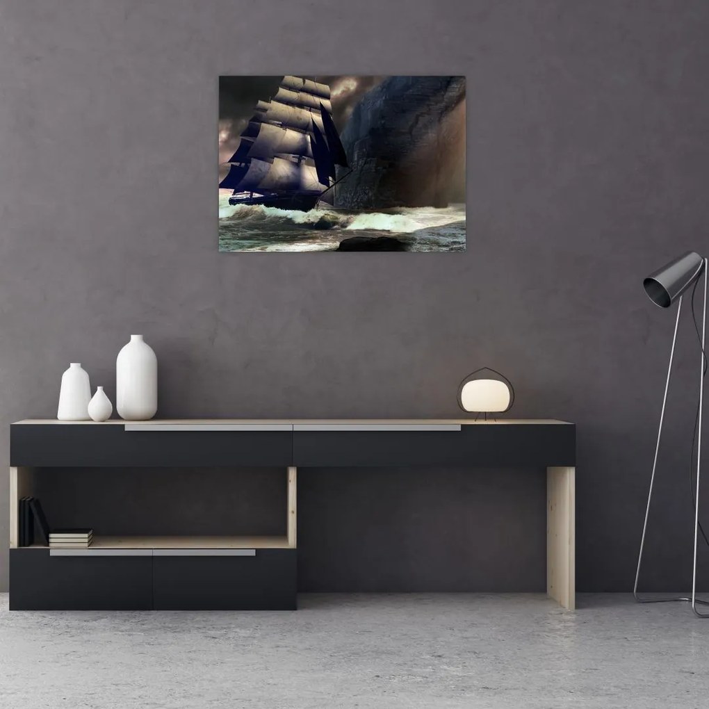 Sklenený obraz - Loď medzi útesmi (70x50 cm)