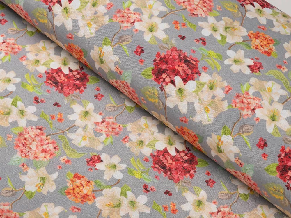 Biante Dekoračný behúň na stôl PML-092 Hortenzie a ľalie na sivom 20x120 cm