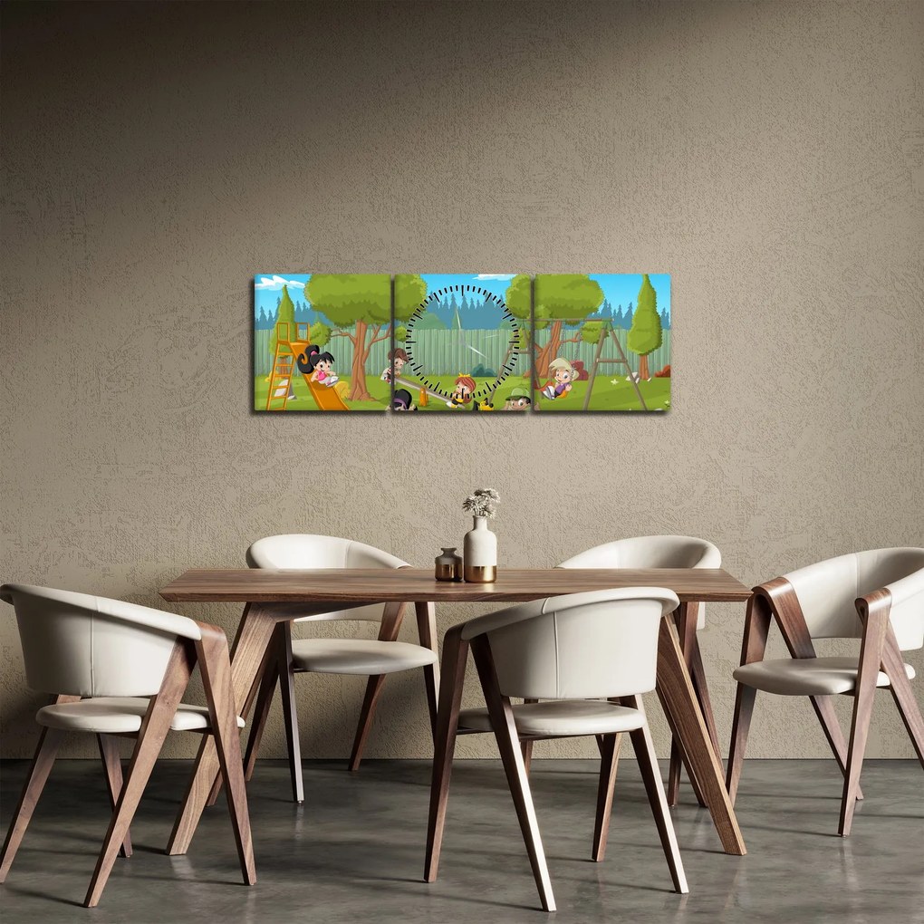 Obraz - Deti na ihrisku (s hodinami) (90x30 cm)