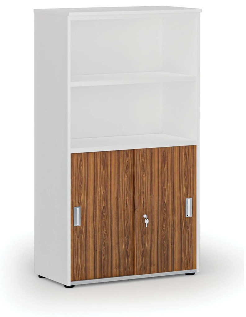 Kombinovaná kancelárska skriňa PRIMO WHITE, zasúvacie dvere na 2 poschodia, 1434 x 800 x 420 mm, biela/orech