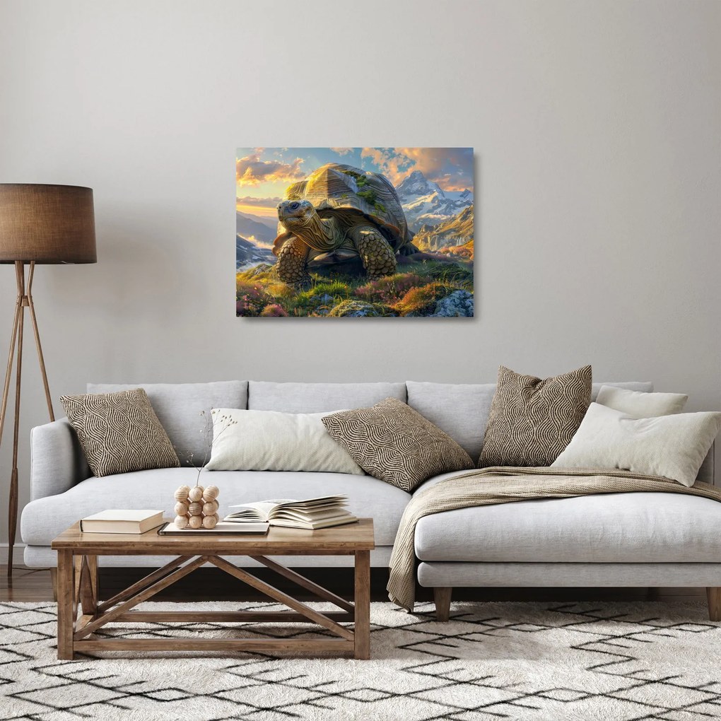 Sklenený obraz - Korytnačka a horská krajina (70x50 cm)