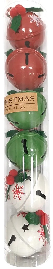 Súprava 6 ks vianočných rolničiek Snowflakes, pr. 5 cm, červená-zelená-biela, kov, pr. 5 cm