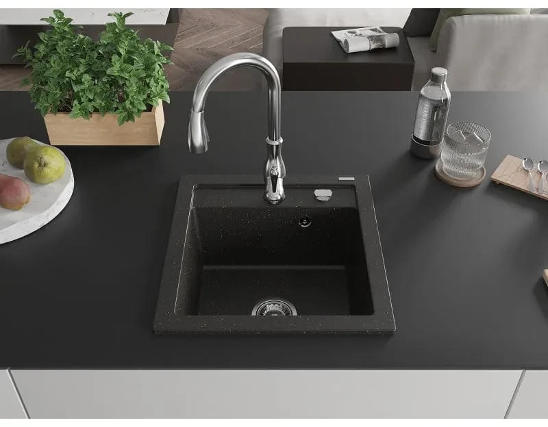 Mexen Vito, 1-komorový granitový drez 520x490x210 mm a drezová batéria Savita, čierna-zlatá metalíza, 6503-75-672601-00