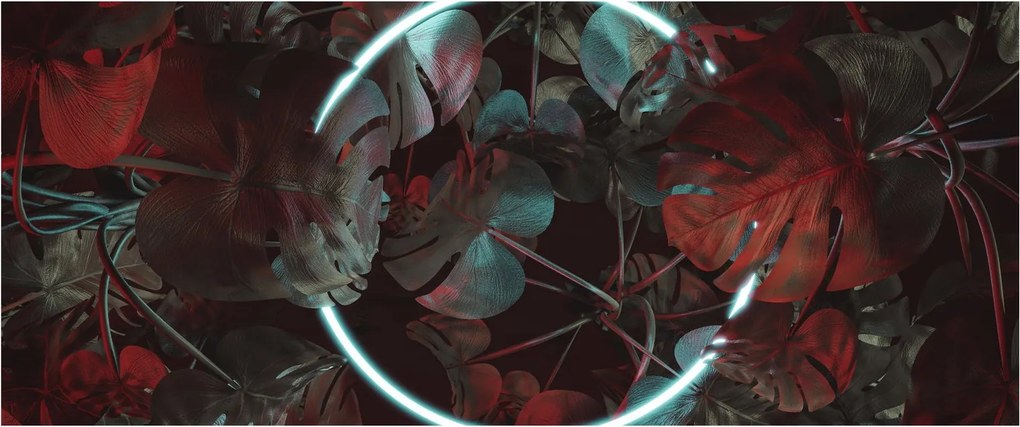 Obraz - Neónový kruh medzi palmami (120x50 cm)