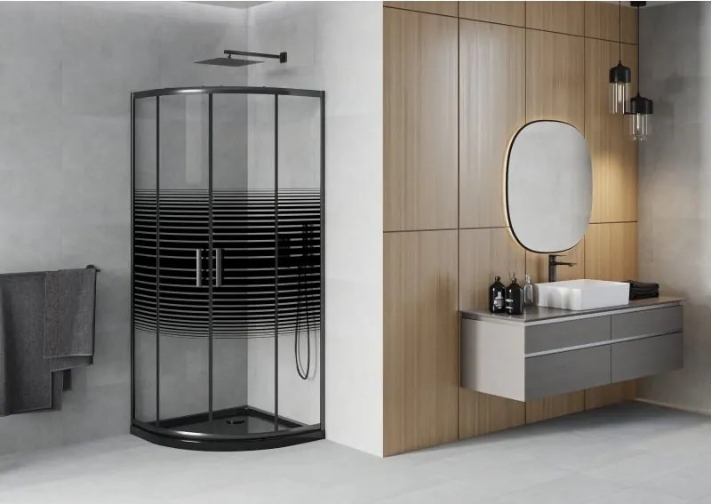 Mexen Rio sprchovací kút polkruhový 80 x 80 cm, čierne pruhy, čierna + vanička Flat, čierna - 863-080-080-70-20-4170B