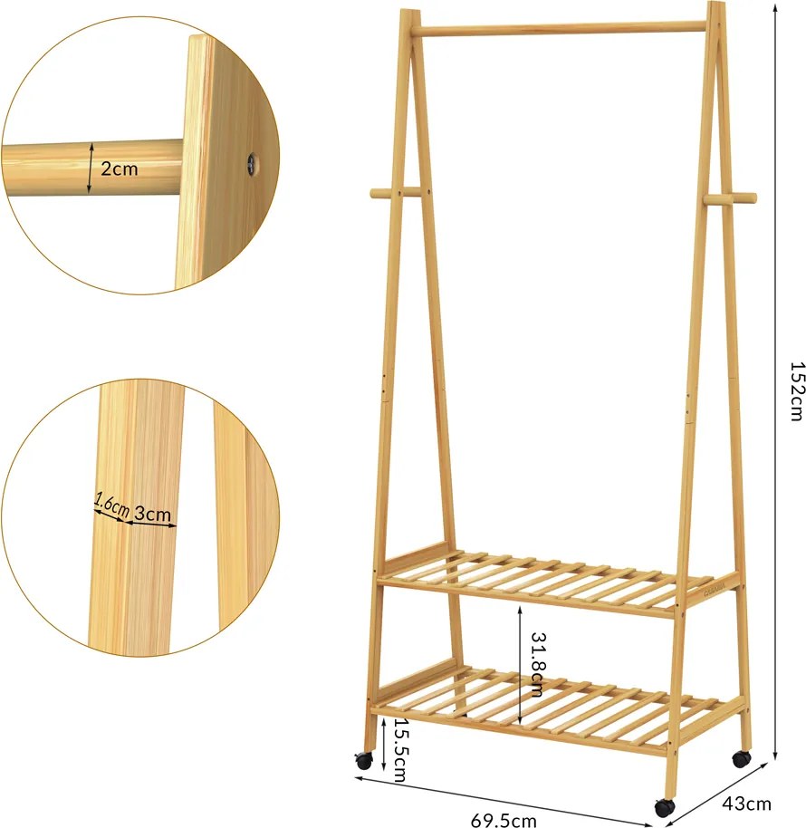 Stojan na oblečenie Nordik s kolieskami - bambus