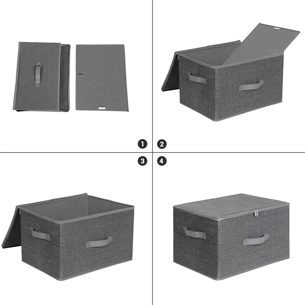 Skladacie úložné boxy s vekom a úchytkou, 3 ks, sivé
