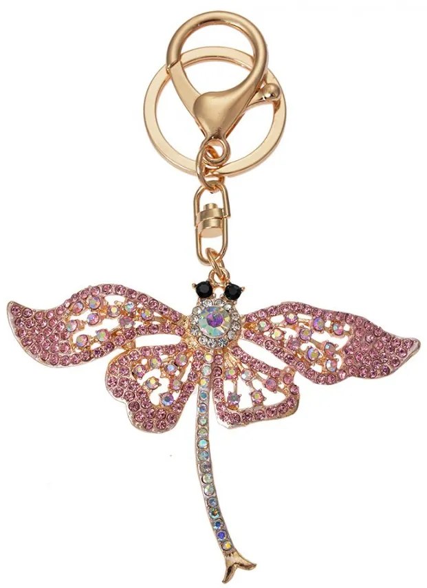 Zlatý kovový prívesok na kľúče s kamienkami vážka - 6*1*8 cm