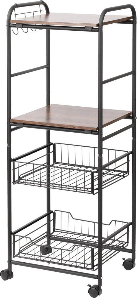 HOMCOM Kuchynský Vozík s Kolesami, 2 Poličkami, 2 Odnímateľnými Košíkmi a 4 Háčikmi do Jedálne či Kúpeľne 40x38x111 cm Orech a Čierna | Aosom