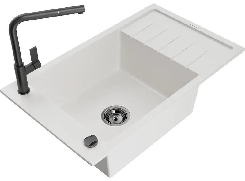 Mexen Elias, 1-komorový granitový drez 795x480x200 mm a drezová batéria Flora, biela, 6511-20-670401-70-B