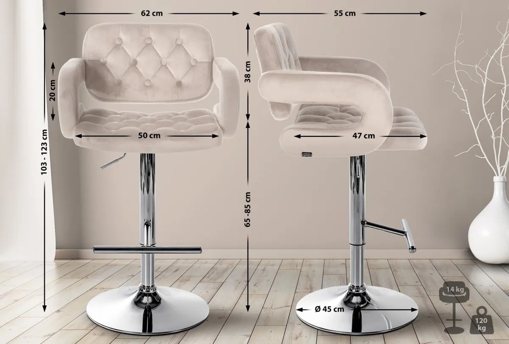 Barová stolička Dublin - zamat, chróm rám - Krémová