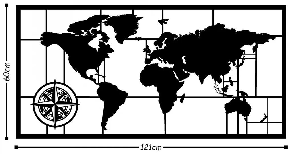 Nástenná kovová dekorácia Mapa sveta kompas II 121x60 cm čierna