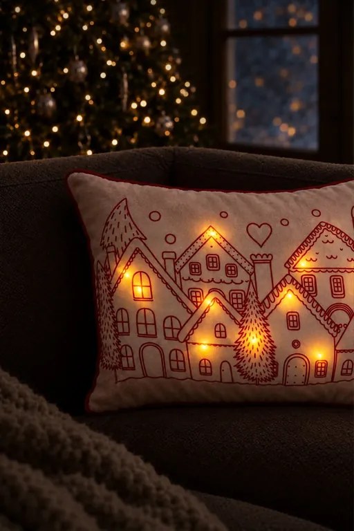 Velúrová obliečka na vankúš HOUSES LED biela 30x50 cm