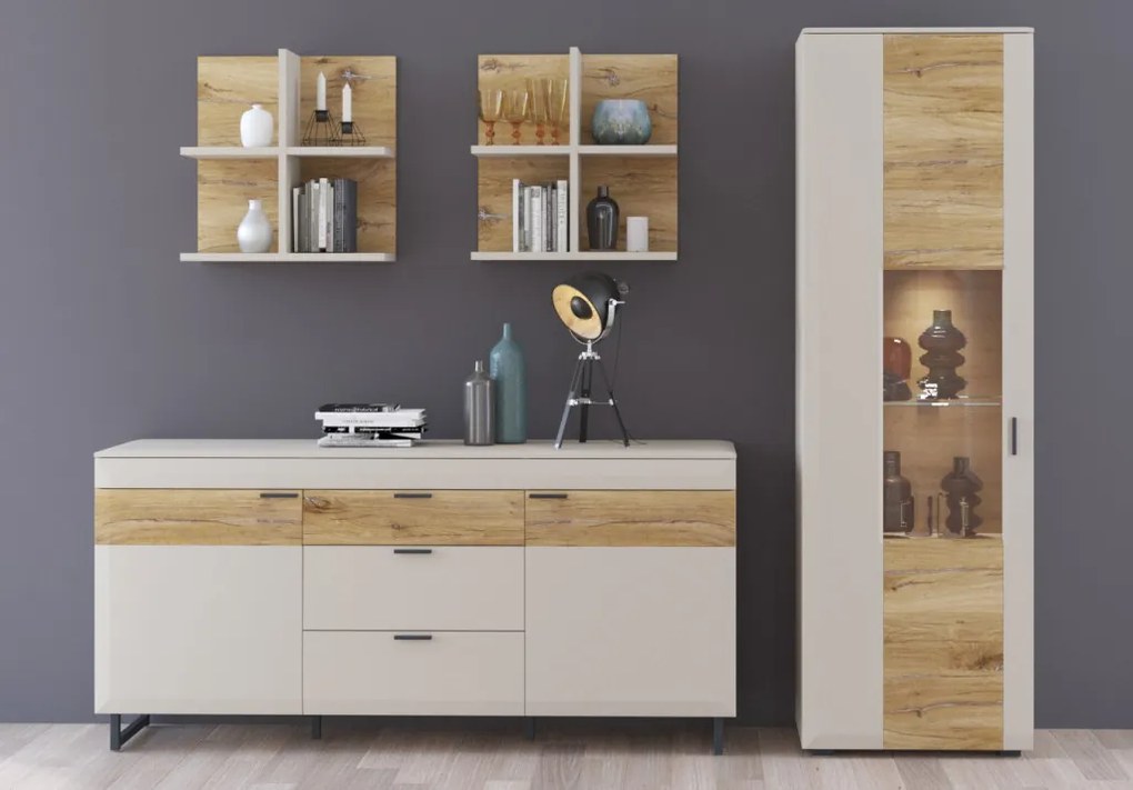 Vysoká vitrína Romy, šedá/dub