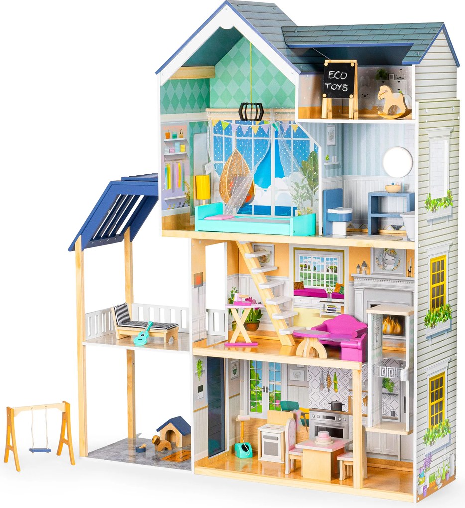 Veľký drevený domček pre bábiky ECOTOYS Rezidencia Maya 138 cm, 4 poschodia, 28 dielov