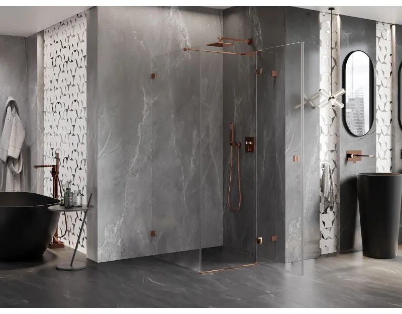 Mexen Lunar T, výklopný sprchový kút pravý 110 x 110 cm, 8mm číre sklo, profil ružové zlato, 834T-110-110-60-00-P