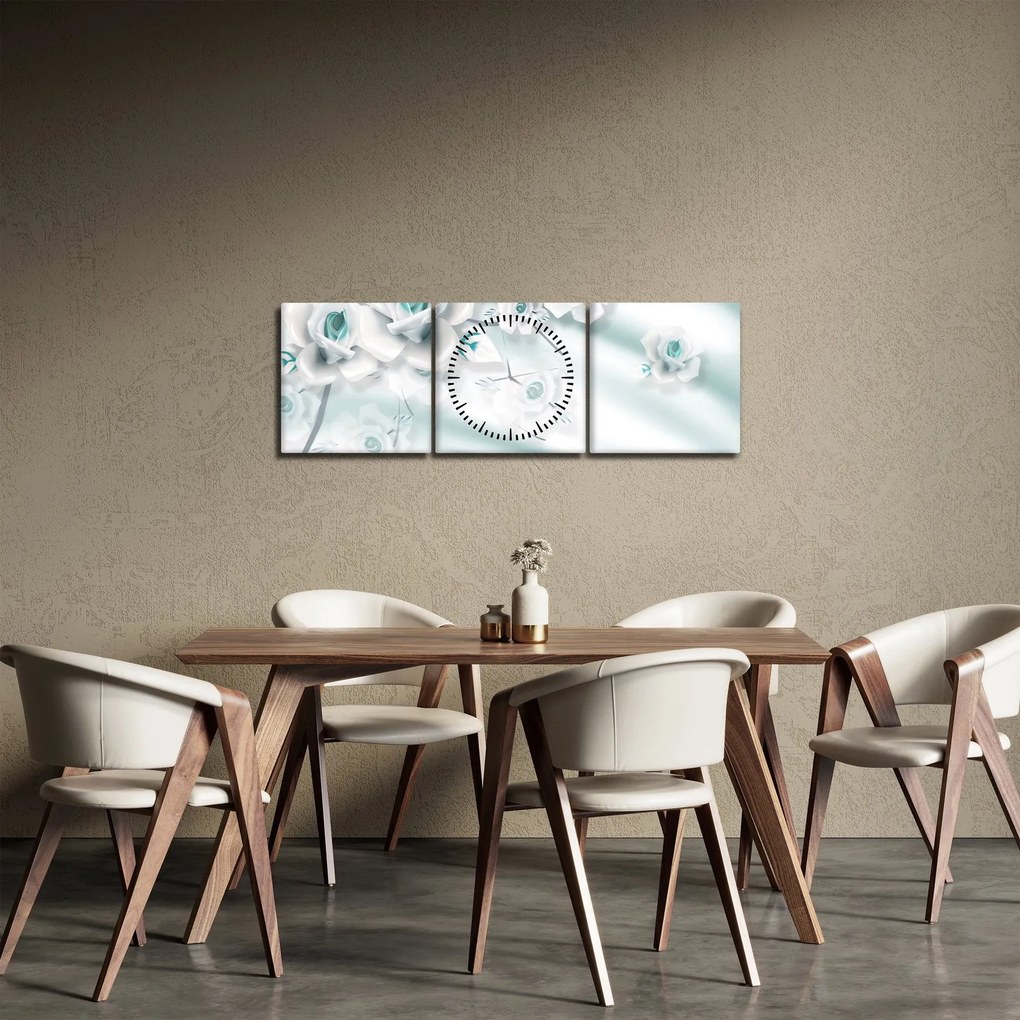 Obraz - Tyrkysové kvety ruží (s hodinami) (90x30 cm)