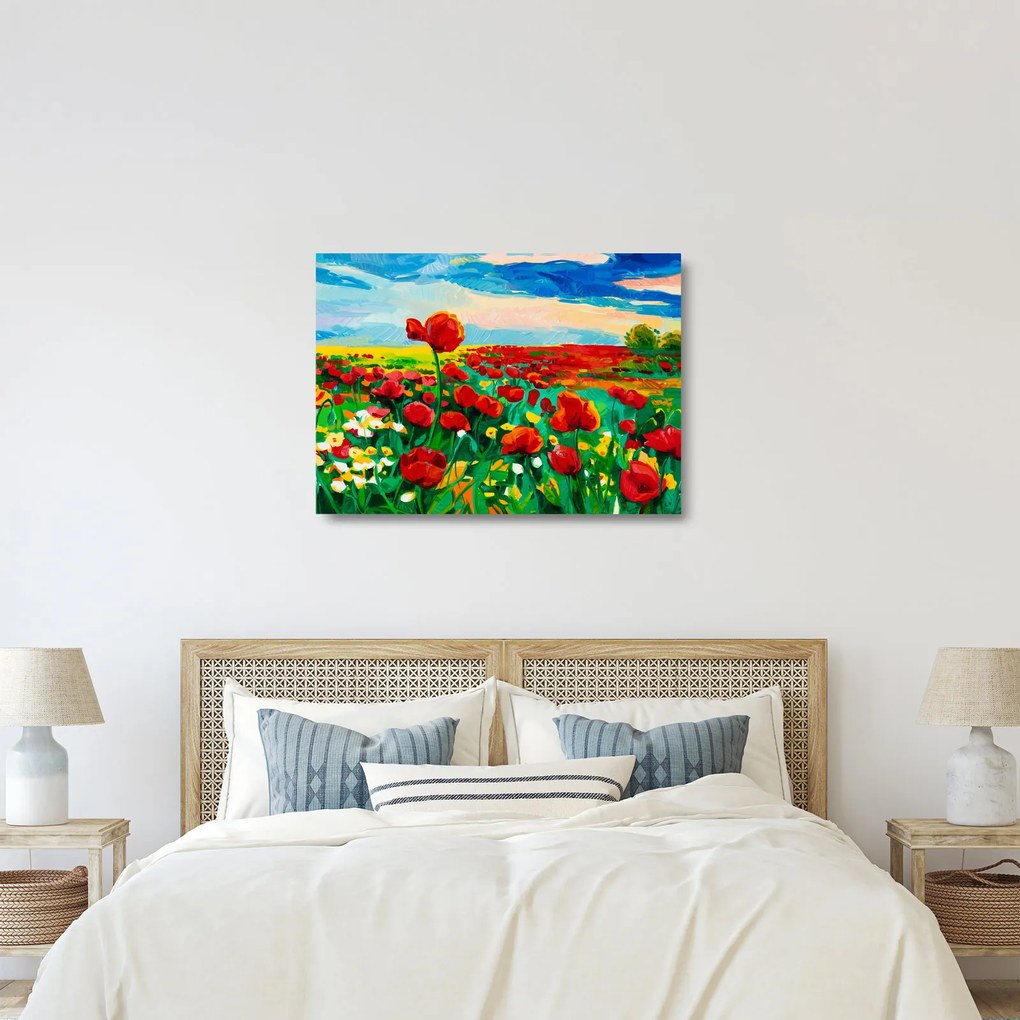 Sklenený obraz poľa s vlčími makmi (70x50 cm)