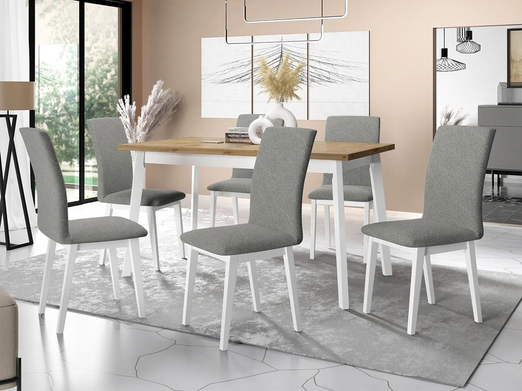 Jedálenský stôl so 6 stoličkami AL23, Morenie: dub artisan L, Poťahové látky: Hygge D91, Farby nožičiek: biela