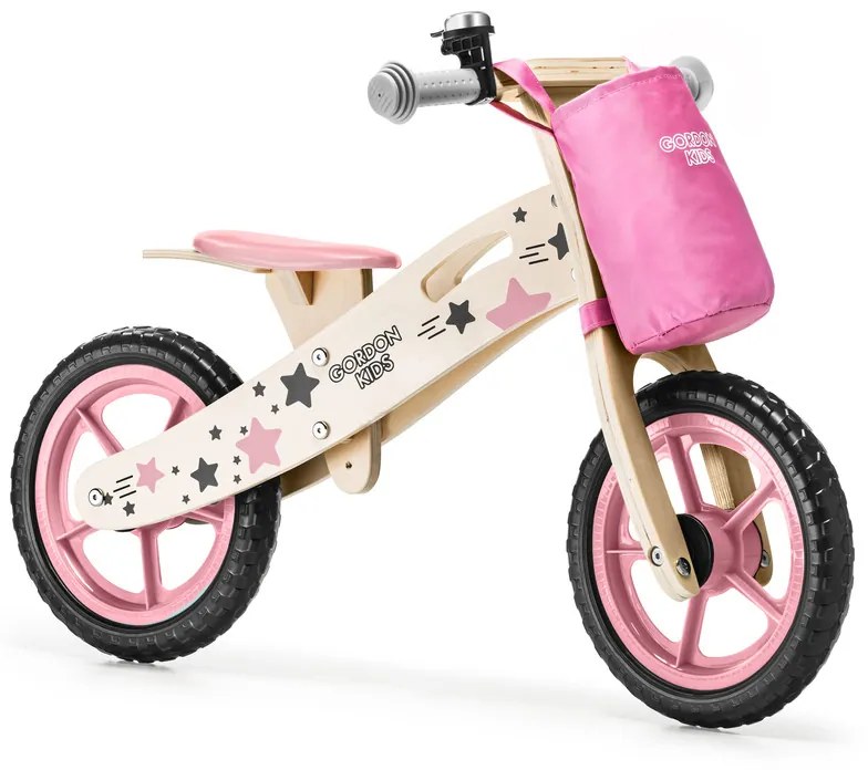 Balančný bicykel ružovej farby s úložným vreckom