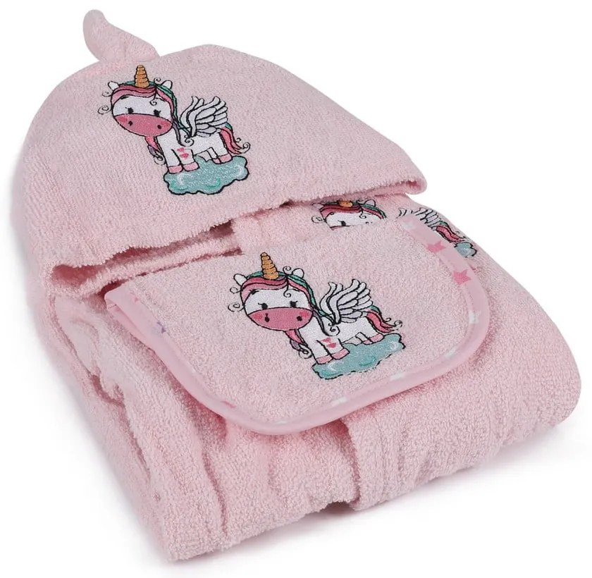 Ružový bavlnený detský župan a osuška v súprave 3 ks veľkosť 0-2 roky Unicorn – Foutastic