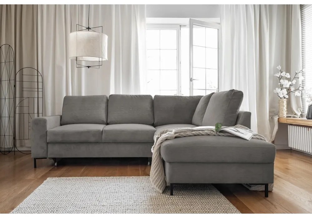 Sivá menčestrová rozkladacia rohová pohovka (pravý roh) Lofty Lilly – Miuform