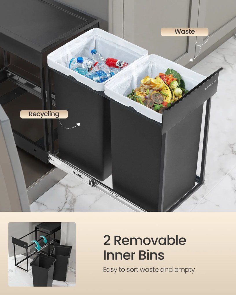 Zabudovateľný kuchynský odpadkový kôš na triedenie odpadu, 2 x 15 L dvojkomorový, čierny