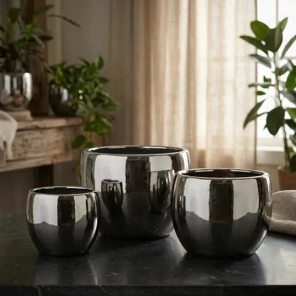 Sada 3 ks keramických květináčů NEVA SILVER XIII stříbrná