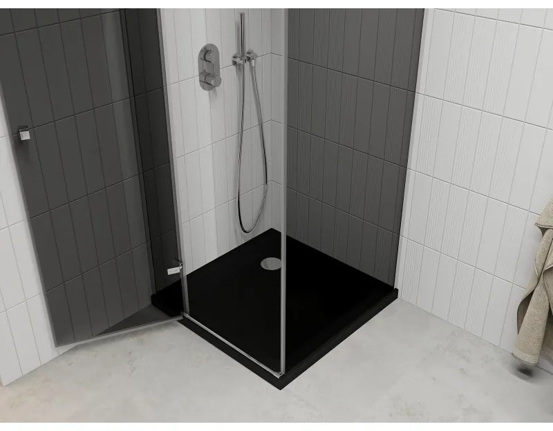 Mexen Roma, sprchový kút s krídlovými dverami 90 (dvere) x 90 (stena) cm, 6mm šedé sklo, chrómový profil + slim sprchová vanička čierna + chrómový sifón, 854-090-090-01-40-4070