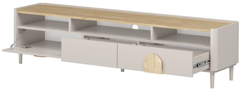 TV stolík Amilio 200 cm so zásuvkami - kašmír / olejovaný dub / úchytky svetlý dub
