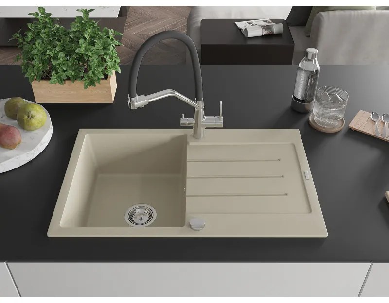 Mexen Bruno, 1-komorový granitový drez 795x495x200 mm a drezová batéria Duo, béžová, 6513-69-671701-07