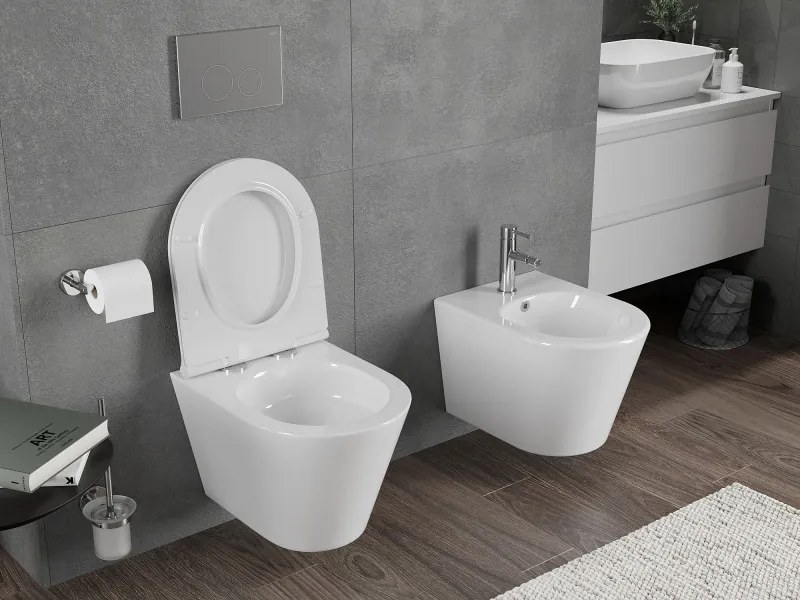 Mexen Rico, závesná WC misa 490x360x370 mm, Rimless Tornádo + WC sedadlo z duroplastu, biela lesklá, 30720500T