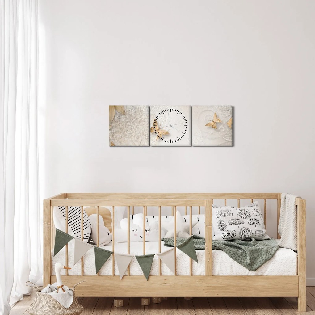 Obraz - Kvety s motýlikmi (s hodinami) (90x30 cm)
