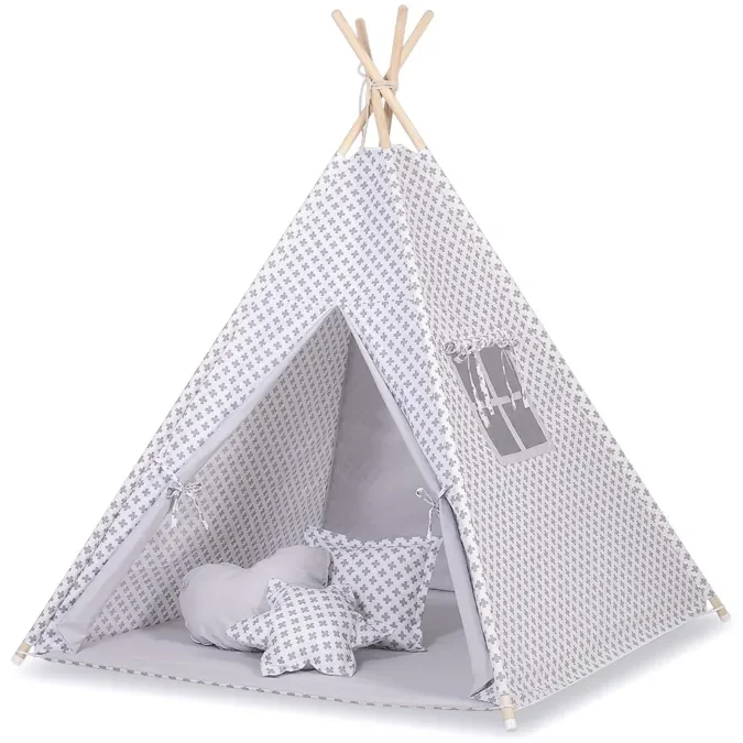 Bobono Sada MINI: Stan Teepee + podložka na hranie + dekoratívne pierka - vzor šedý kríž
