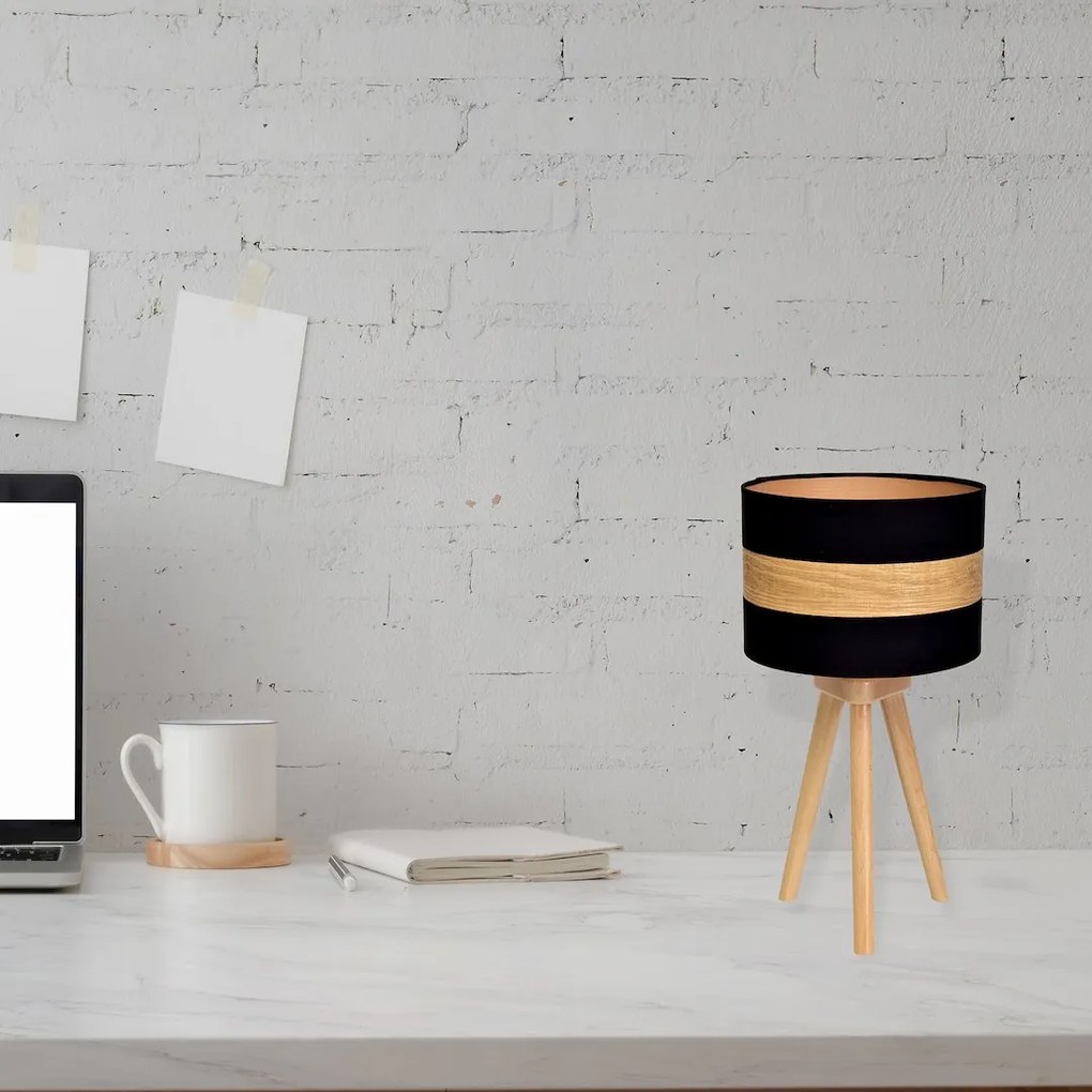 Stolná lampa Terra, 1x drevené/čierne textilné tienidlo, drevo
