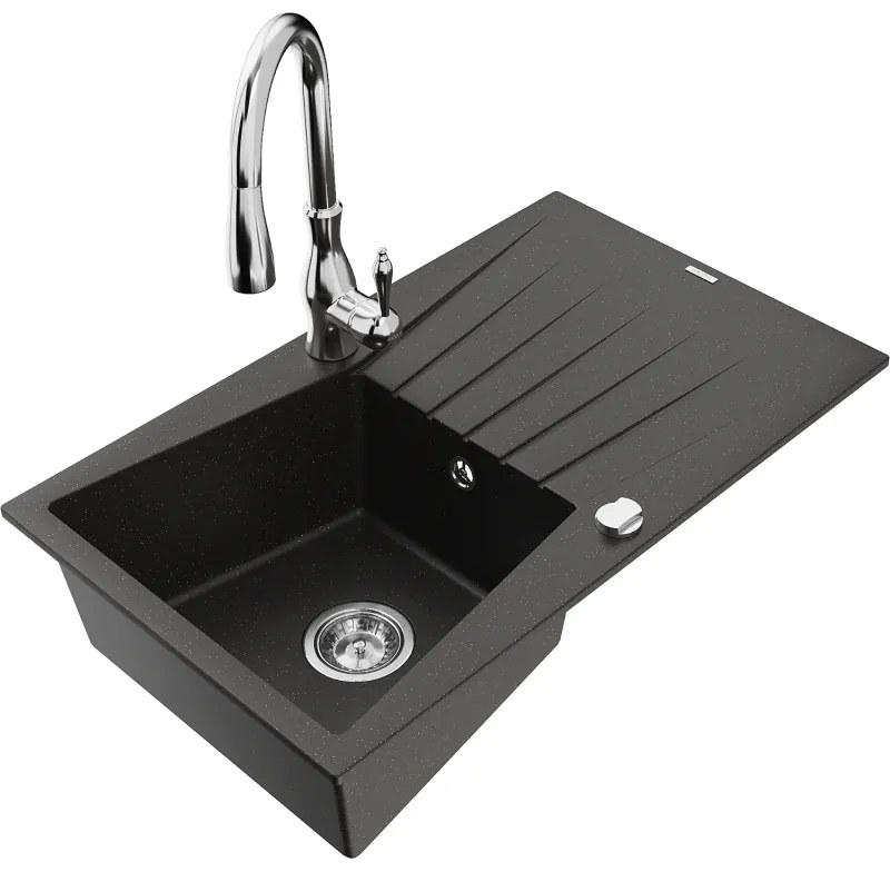 Mexen Cesar, 1-komorový granitový drez 775x470x190 mm a drezová batéria Savita, čierna-zlatá metalíza, 6514-75-672601-00