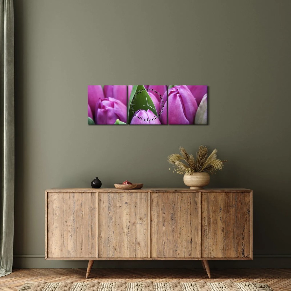 Obraz - kvety tulipánov (s hodinami) (90x30 cm)