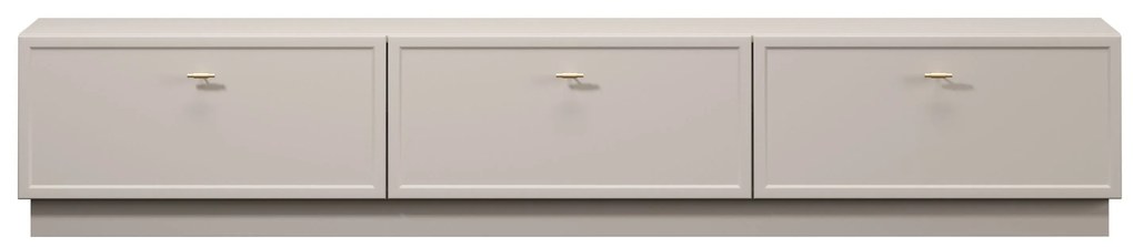 TV stolík Lorini 200 cm na sokli – kašmírová / zlatá / úchytky T