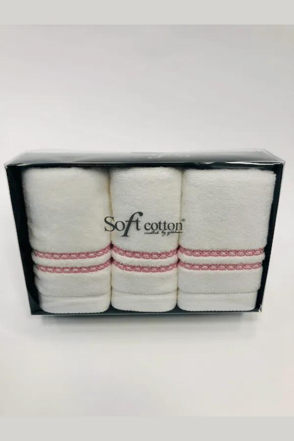Soft Cotton 3x malý uterák CHAINE 30x50 cm Biela / ružová výšivka