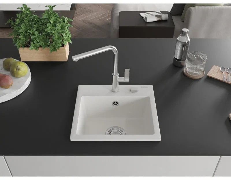 Mexen Milo, 1-komorový granitový drez 435x410x171 mm a drezová batéria Flora, biela, 6505-20-670401-00