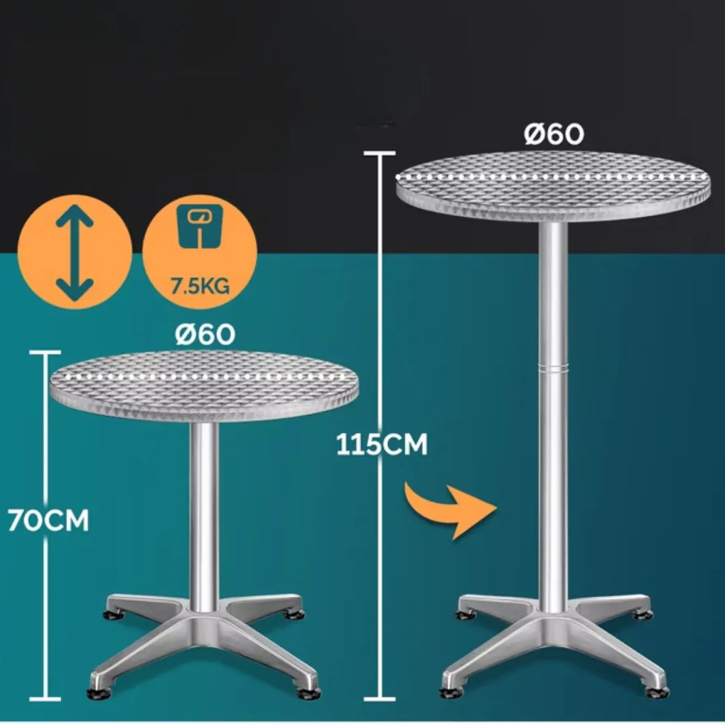 Výškovo nastaviteľný hliníkový barový stôl NERO, Ø60cm, strieborná Casaria