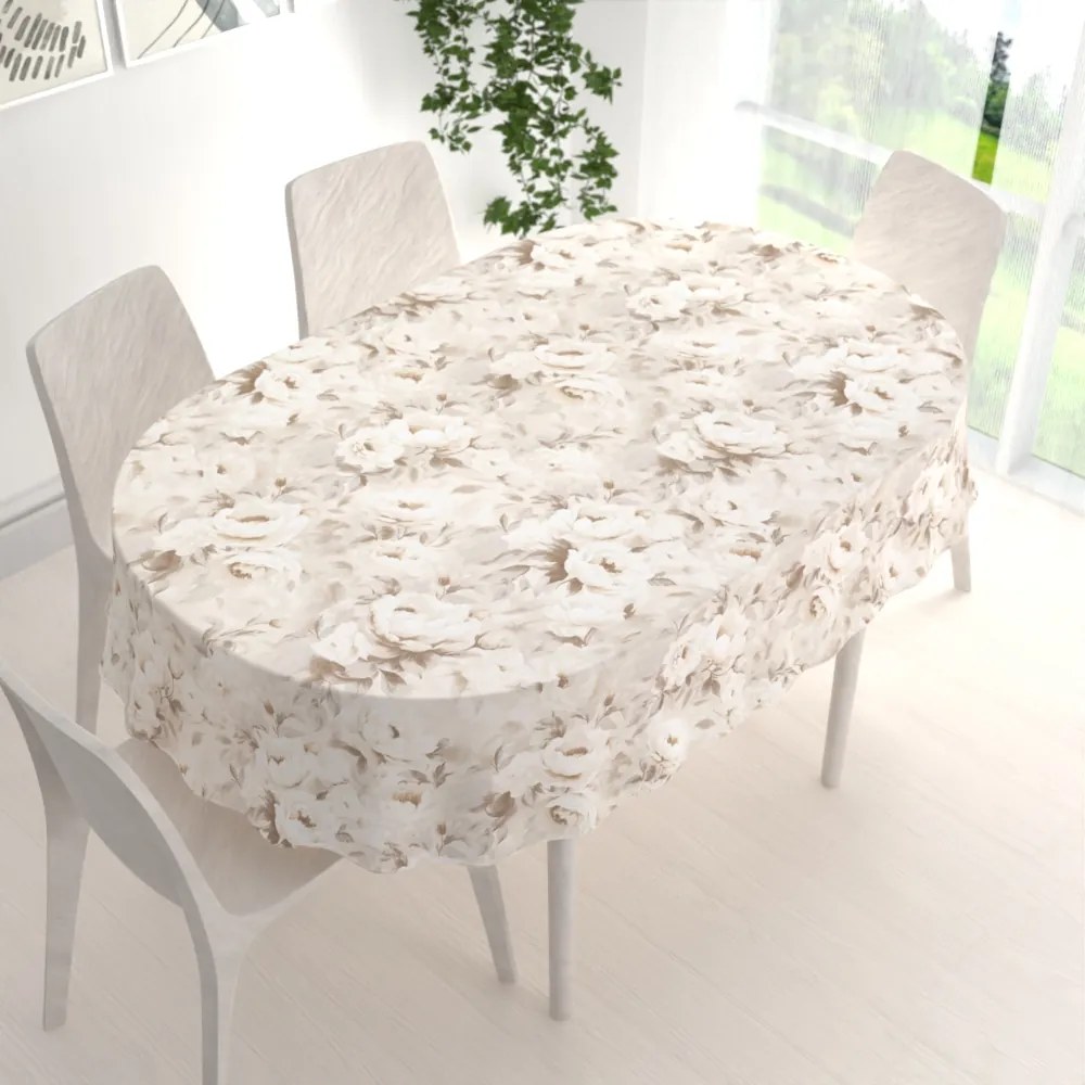 Biante Bavlnený oválny obrus Sandra SA-519 Pivonky na béžovom 140x220 cm