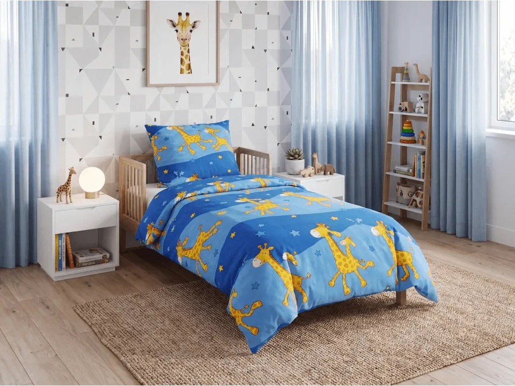 Bavlnené obliečky do postieľky Žirafa modrá
