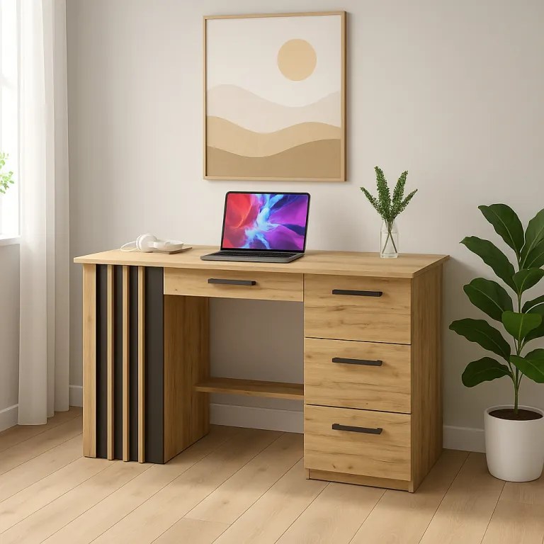 Loftový písací stôl so 4 zásuvkami, farba dub/čierna