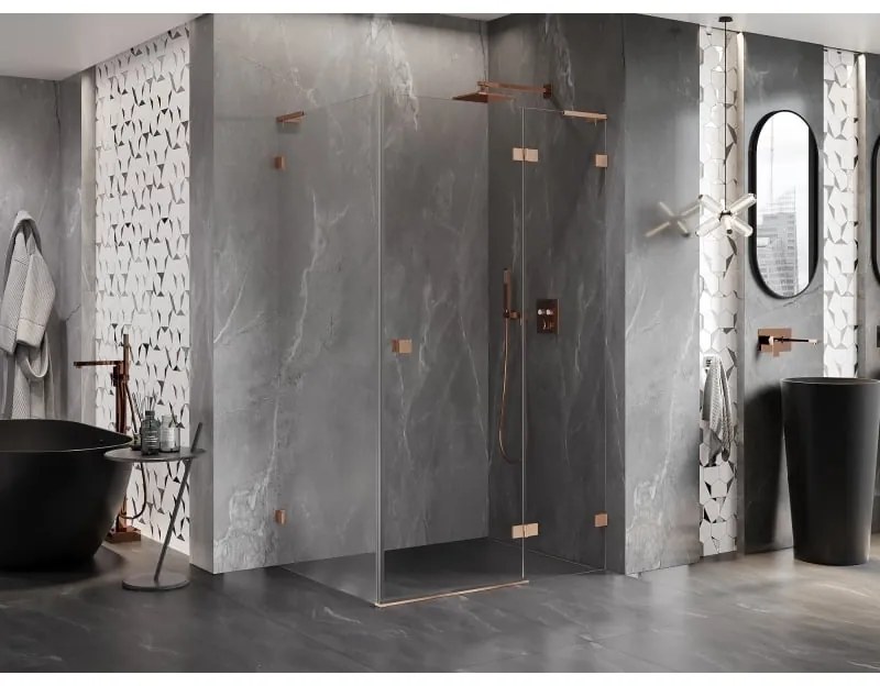 Mexen Lunar, L pravý výklopný sprchový kút 90 x 80 cm, 8mm číre sklo, profil medená matná, 834L-090-080-65-00-P