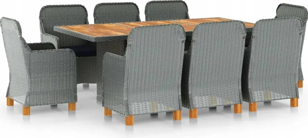 vidaXL 9-dielna vonkajšia jedálenská súprava+podložky, polyratan, sivá