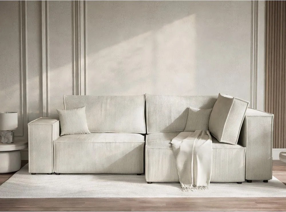 Krémovobiela menčestrová rozkladacia/s úložným priestorom rohová pohovka (pravý roh/do L) Tonga – Maison de Rêve