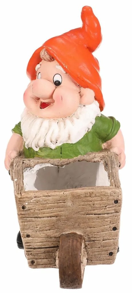 Záhradná dekorácia Trpaslík s fúrikom, oranžová, 31 x 16 x 33 cm