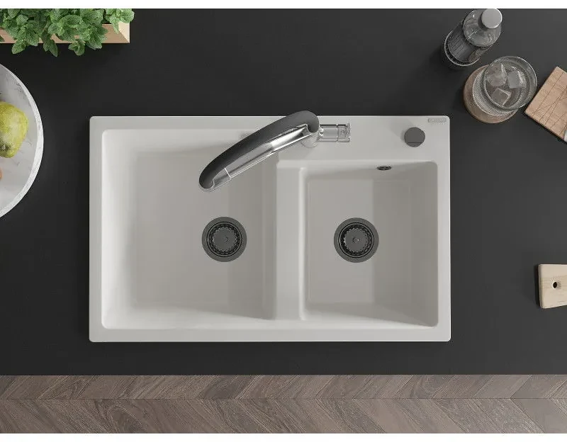Mexen Tomas, 2-komorový granitový drez 800x500x190 mm a kuchynská batéria Duo, biela, 6516-20-671701-07-B